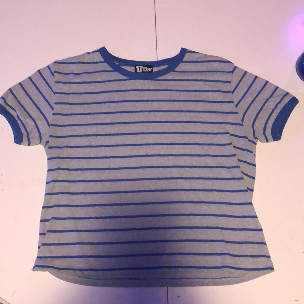 T Bar x Cotton On blue and grey stripped tee